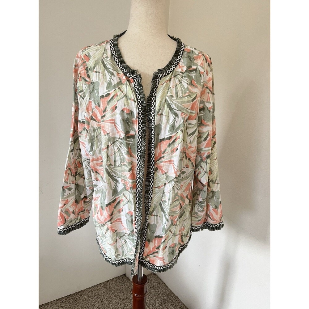 Chicos Linen Hawaiian Floral Fringe Open Jacket Blazer 2 XL Beach Retro
